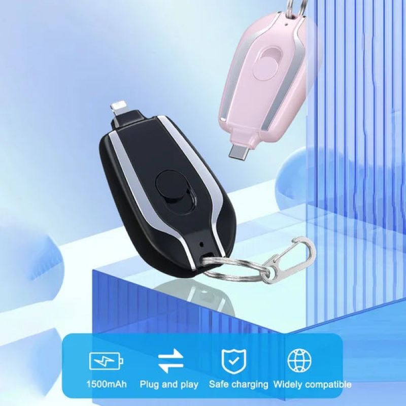 1500mAh Mini Keychain Power Bank Type-C Portable External Battery Charger For iPhone Android Phone Spare Battery Emergency Power